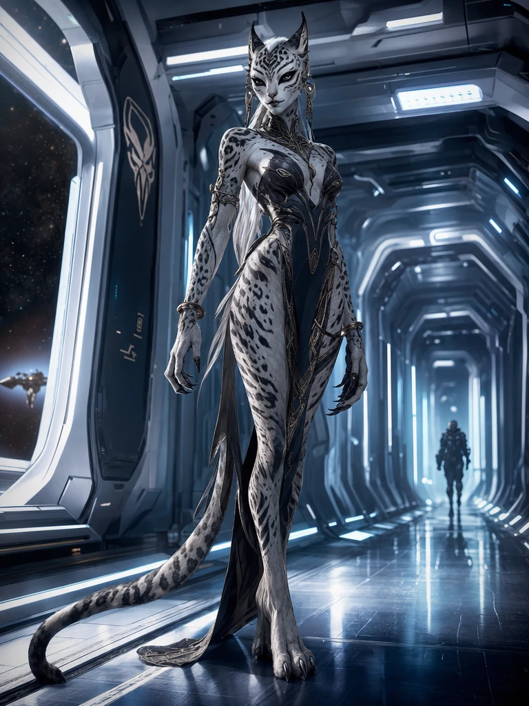 Mujer alta leopardo de las nieves en un luminoso pasillo de nave espacial