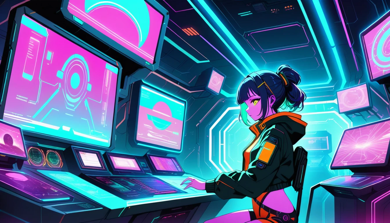 Anime-Hacker-Mädchen in einem neonbeleuchteten futuristischen Kontrollraum