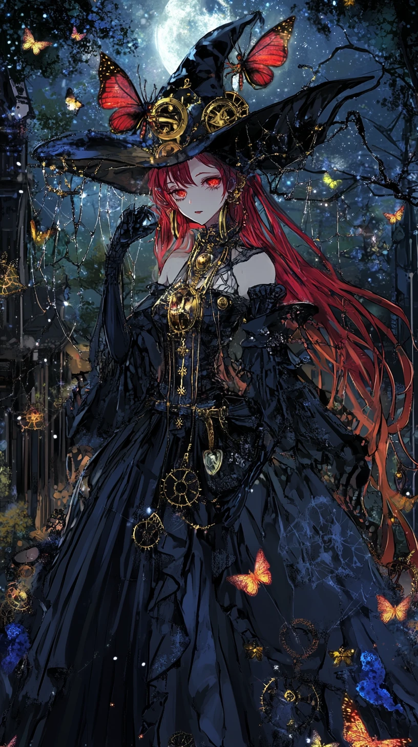 Chica bruja pelirroja en un templo japonés de noche