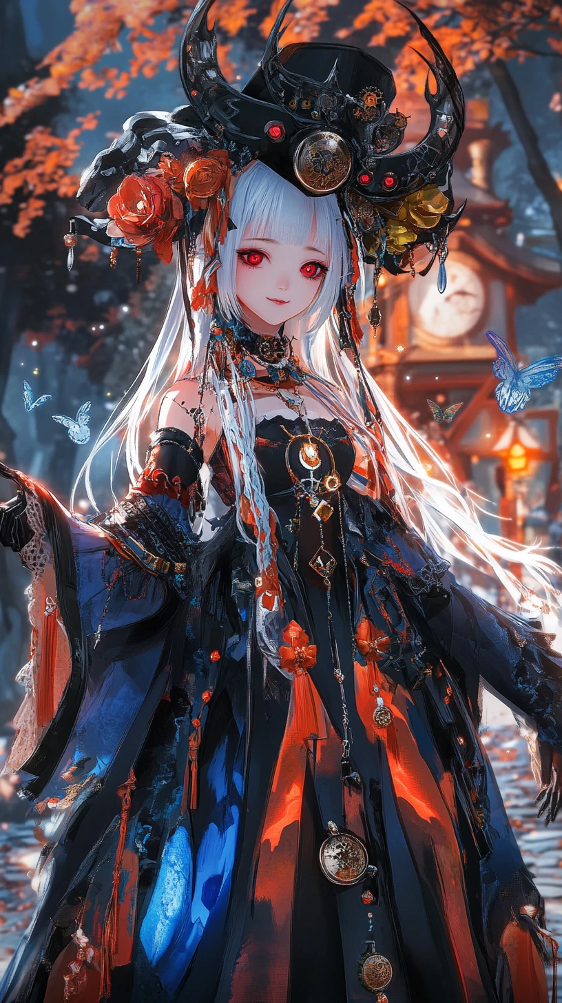 Chica bruja de anime de noche junto a un templo japonés