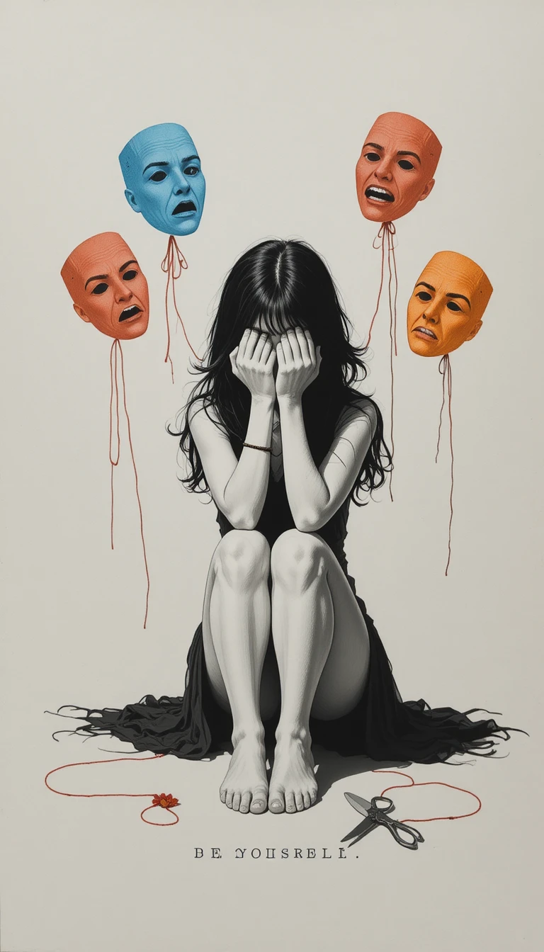 Girl with emotional masks connected by red threads illustration