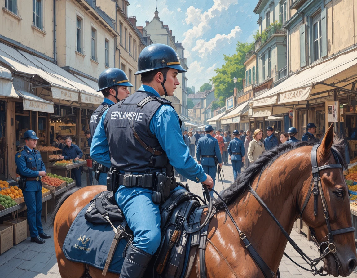 Gendarmi a cavallo in pattuglia in un affollato mercato all’aperto