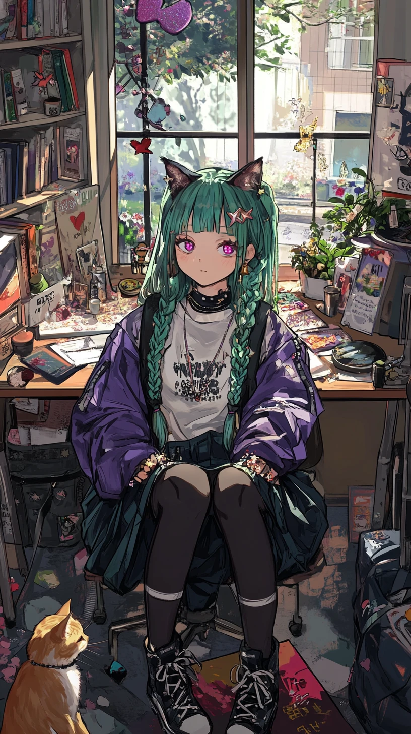 Anime girl in a cozy study room with garden view