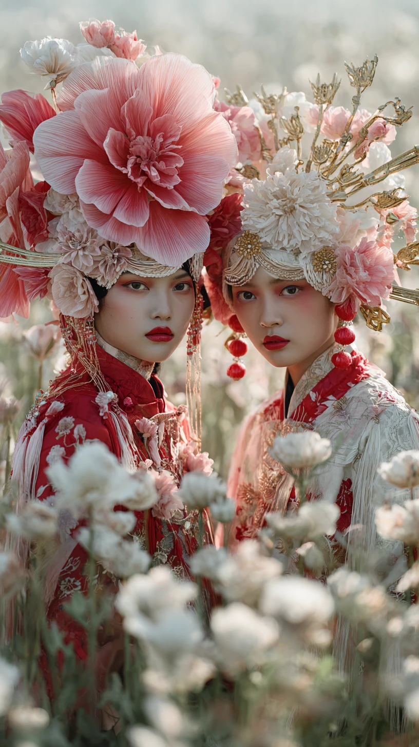 Due donne asiatiche con elaborati copricapi floreali in un campo bianco
