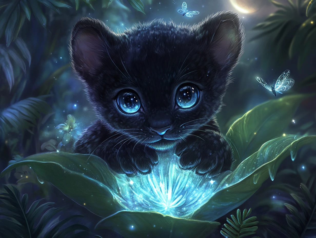 Bébé panthère dans une fleur enchantée et lumineuse la nuit