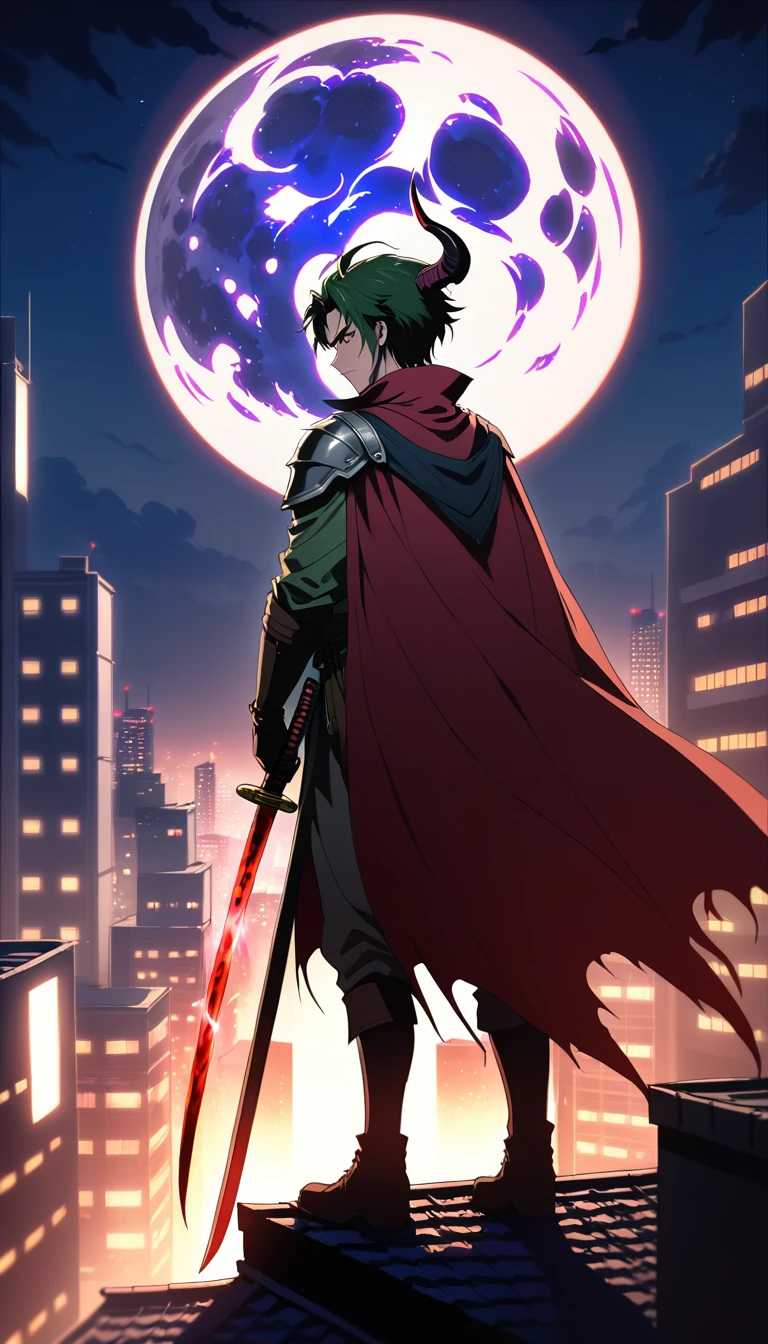 Anime-Dämonenjäger auf dem Dach unter leuchtendem Vollmond