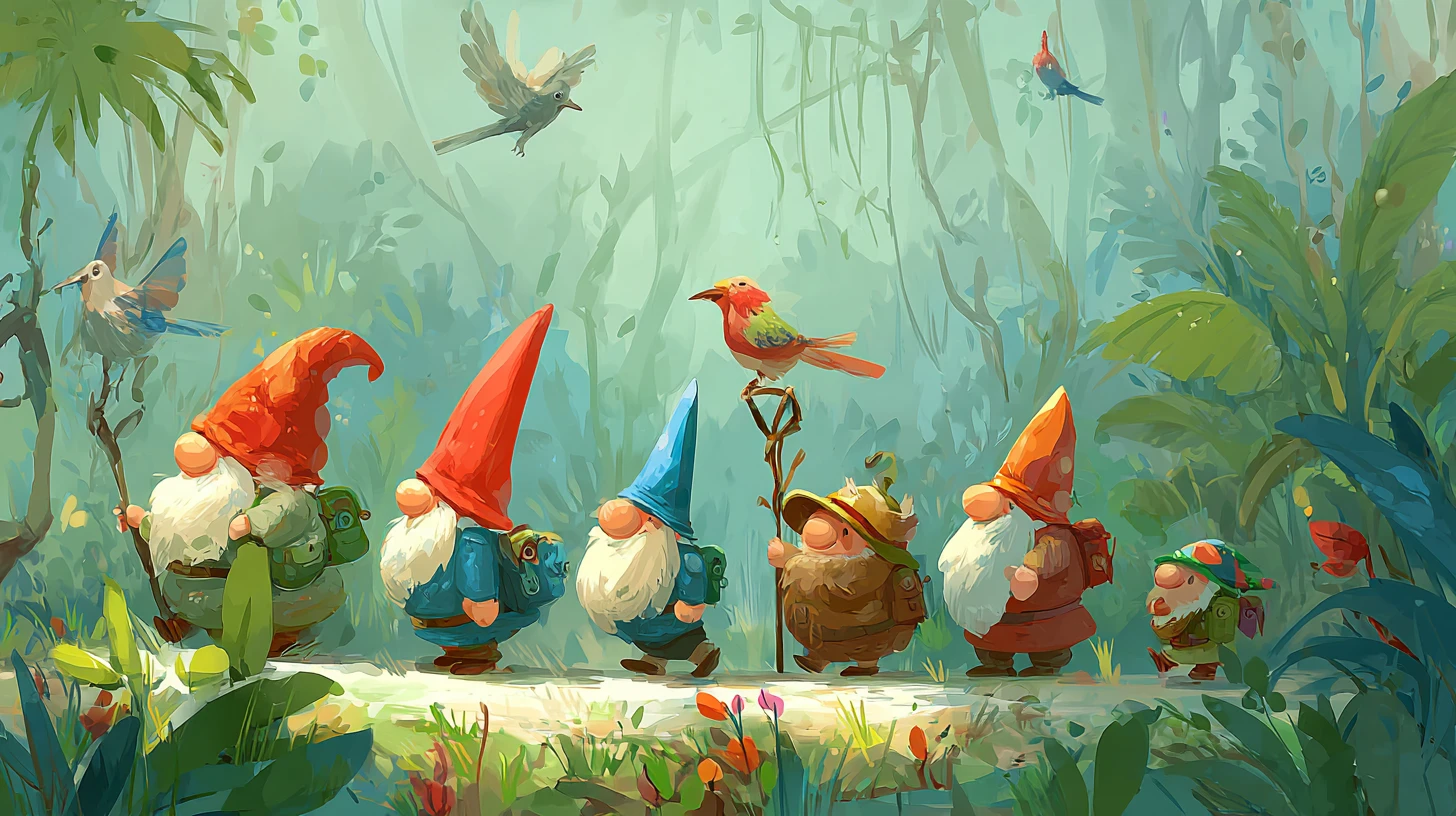 File enjouée de gnomes marchant dans une forêt magique