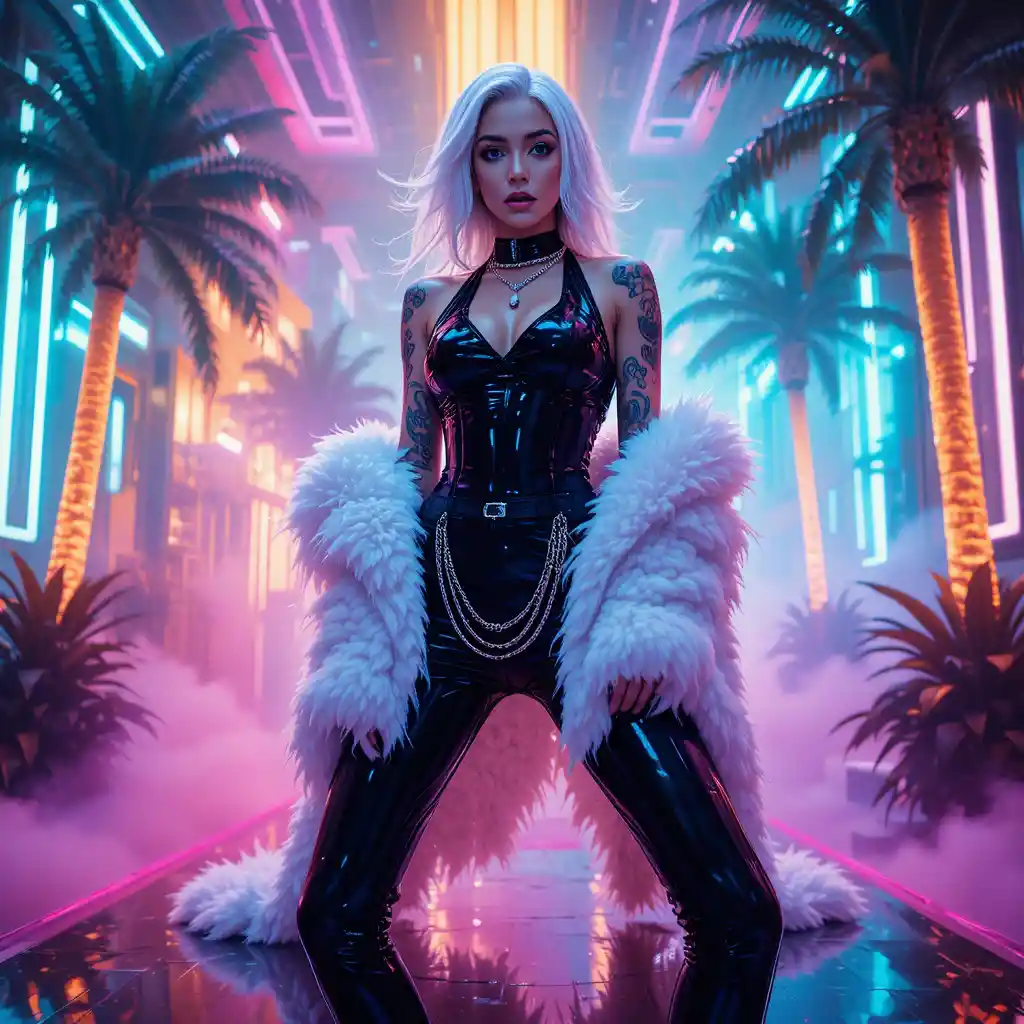 Mujer de moda neón posando en estudio tropical futurista
