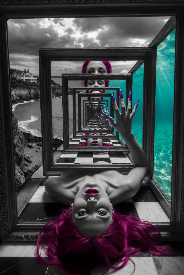 Mujer surreal en pasillo enmarcado infinito con vívido cabello magenta
