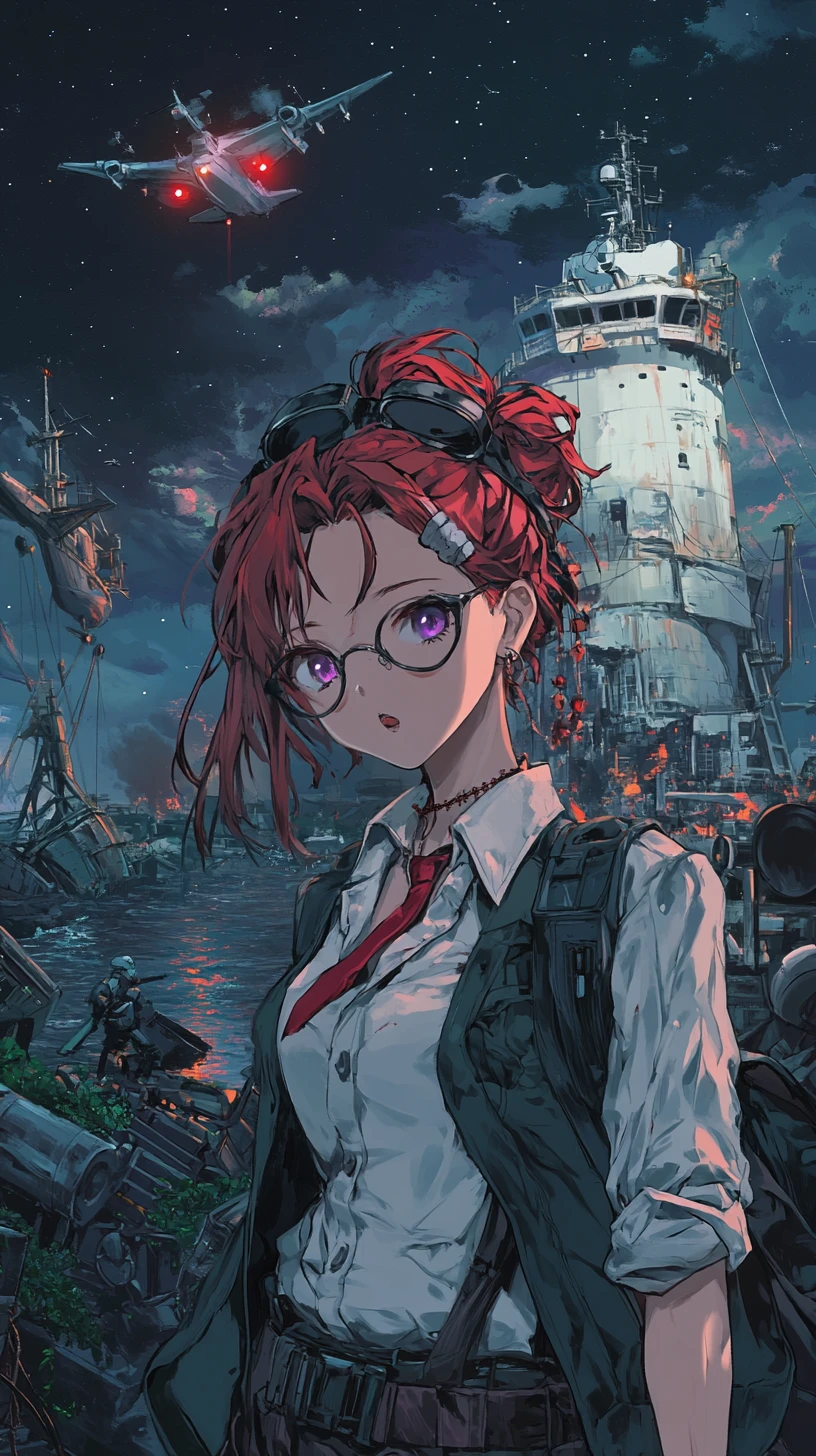 Garota de anime em navio moderno naufragado sob o céu noturno