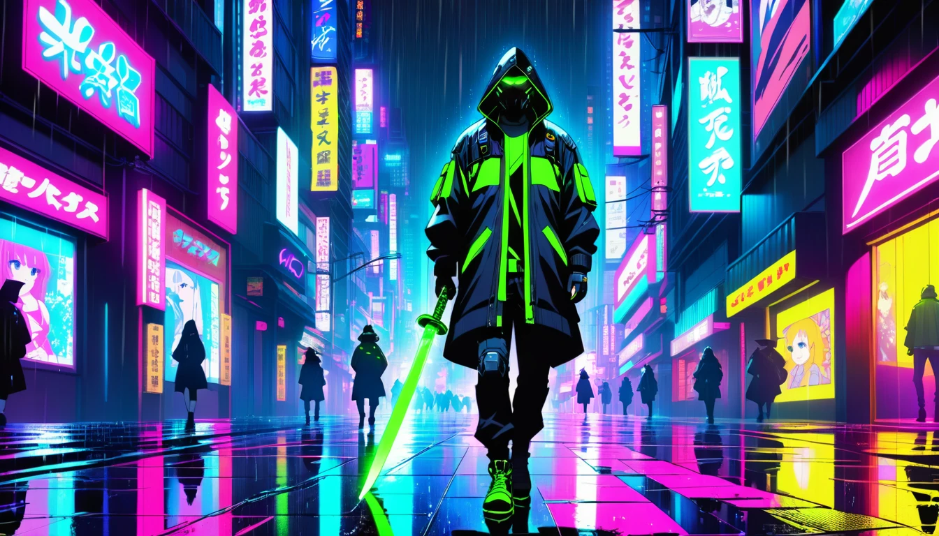 Samurai futurista caminhando em rua chuvosa e iluminada por neon em Tóquio