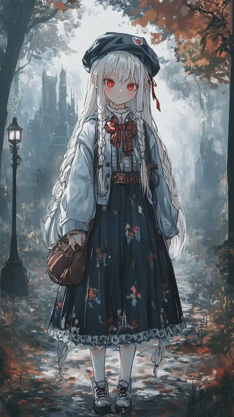 Anime-Mädchen im langen Mantel geht durch nebligen Wald