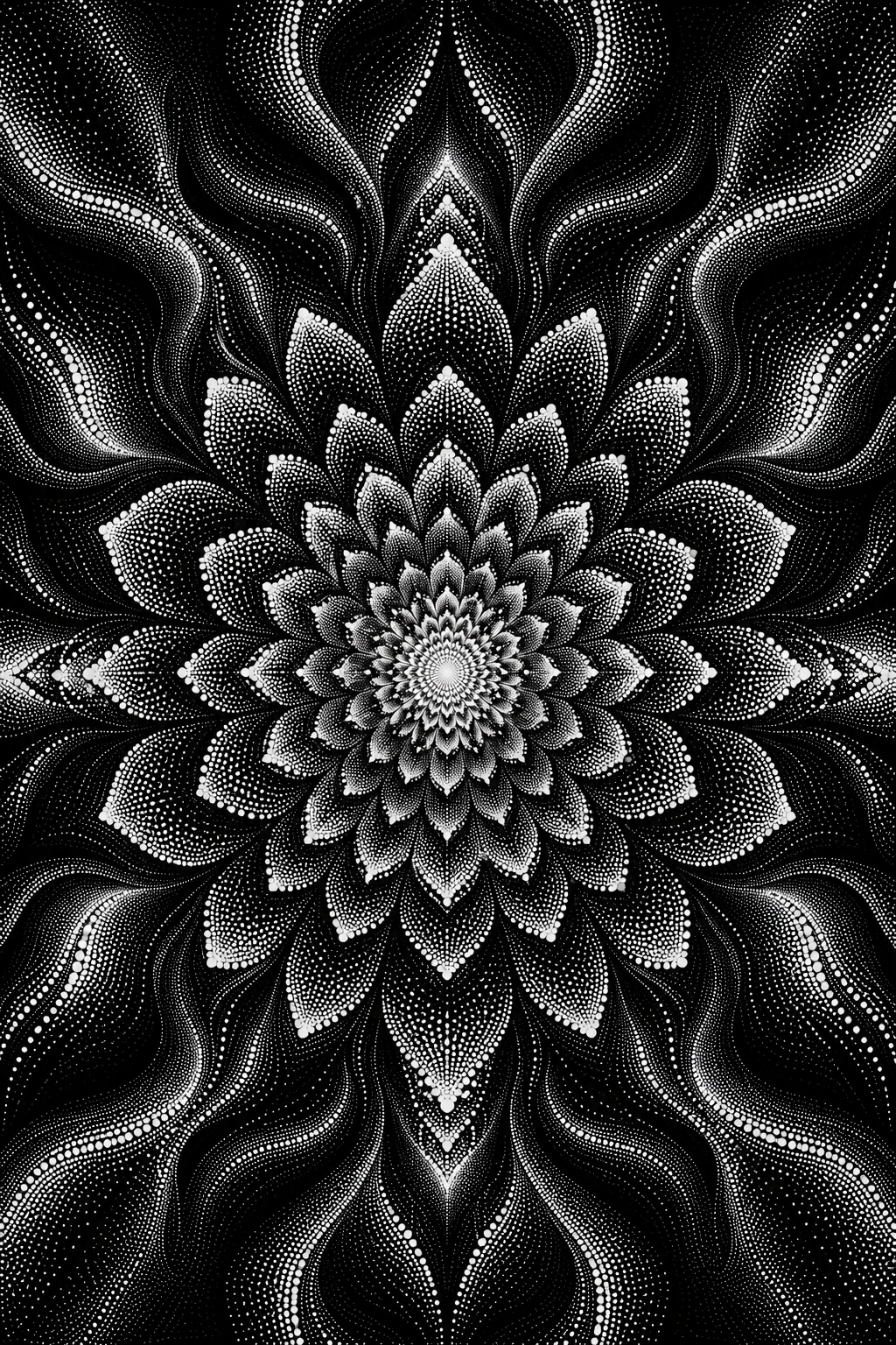 Illustration Hypnotique de Mandala Radial Noir et Blanc en Points