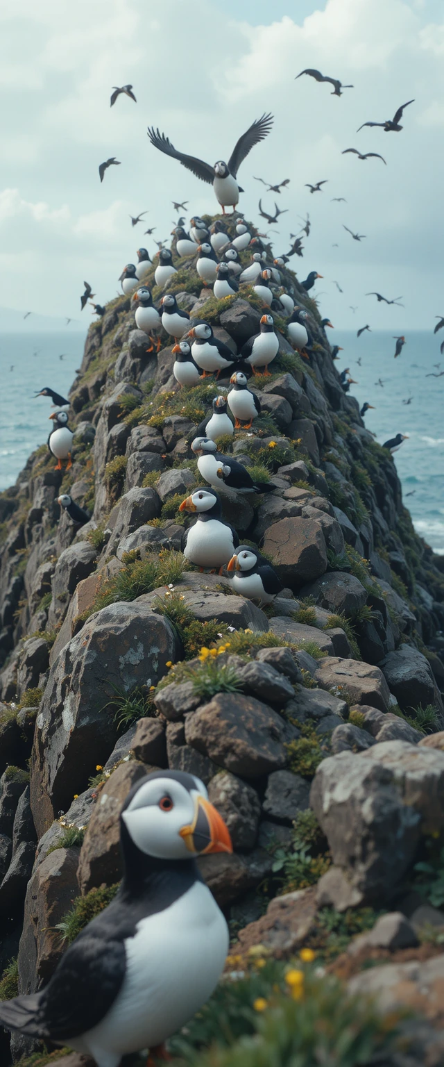 Pacifica colonia di pulcinella di mare su una piccola isola verde