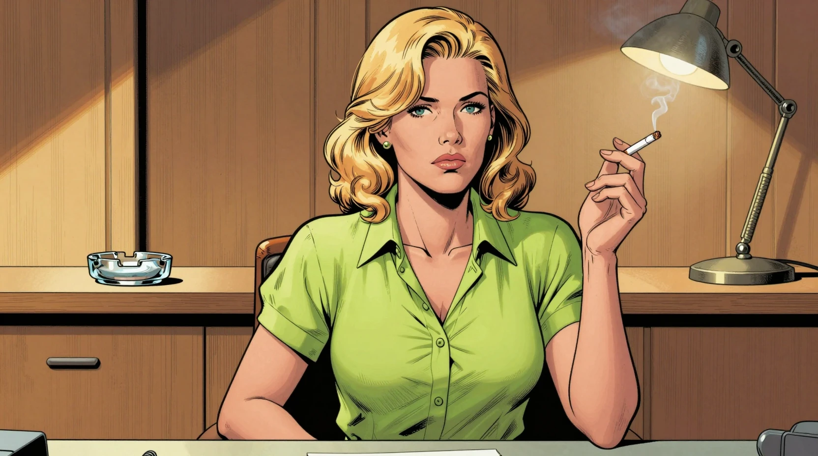 Mujer rubia seria fumando en el escritorio de la oficina