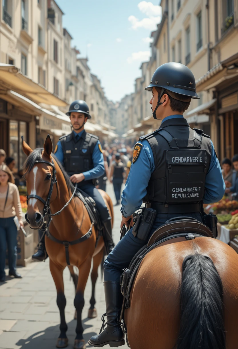 Gendarmi a cavallo che pattugliano un affollato mercato all’aperto