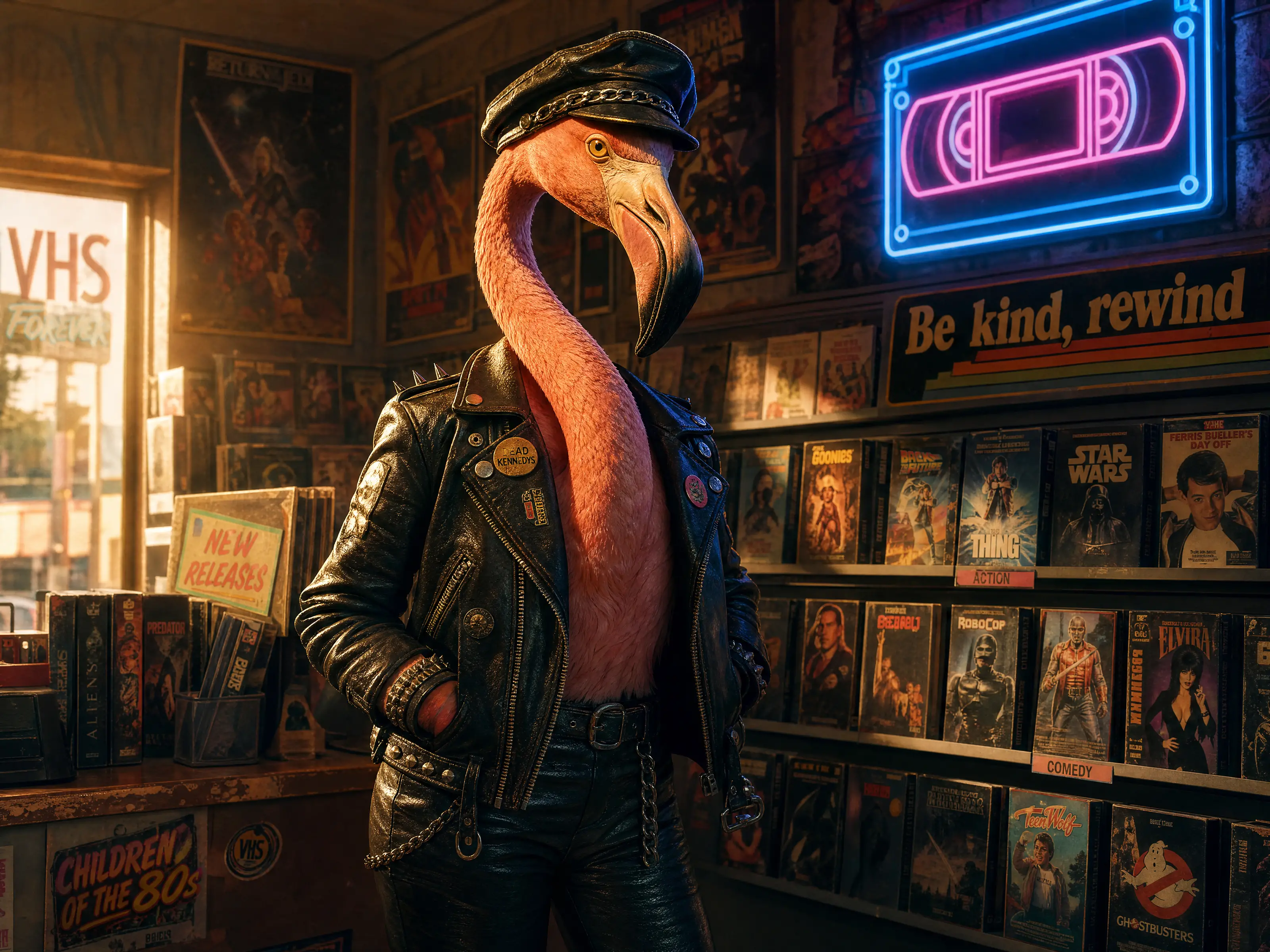 Rocker-Flamingo stöbert in einer neonbeleuchteten Videothek der 1980er