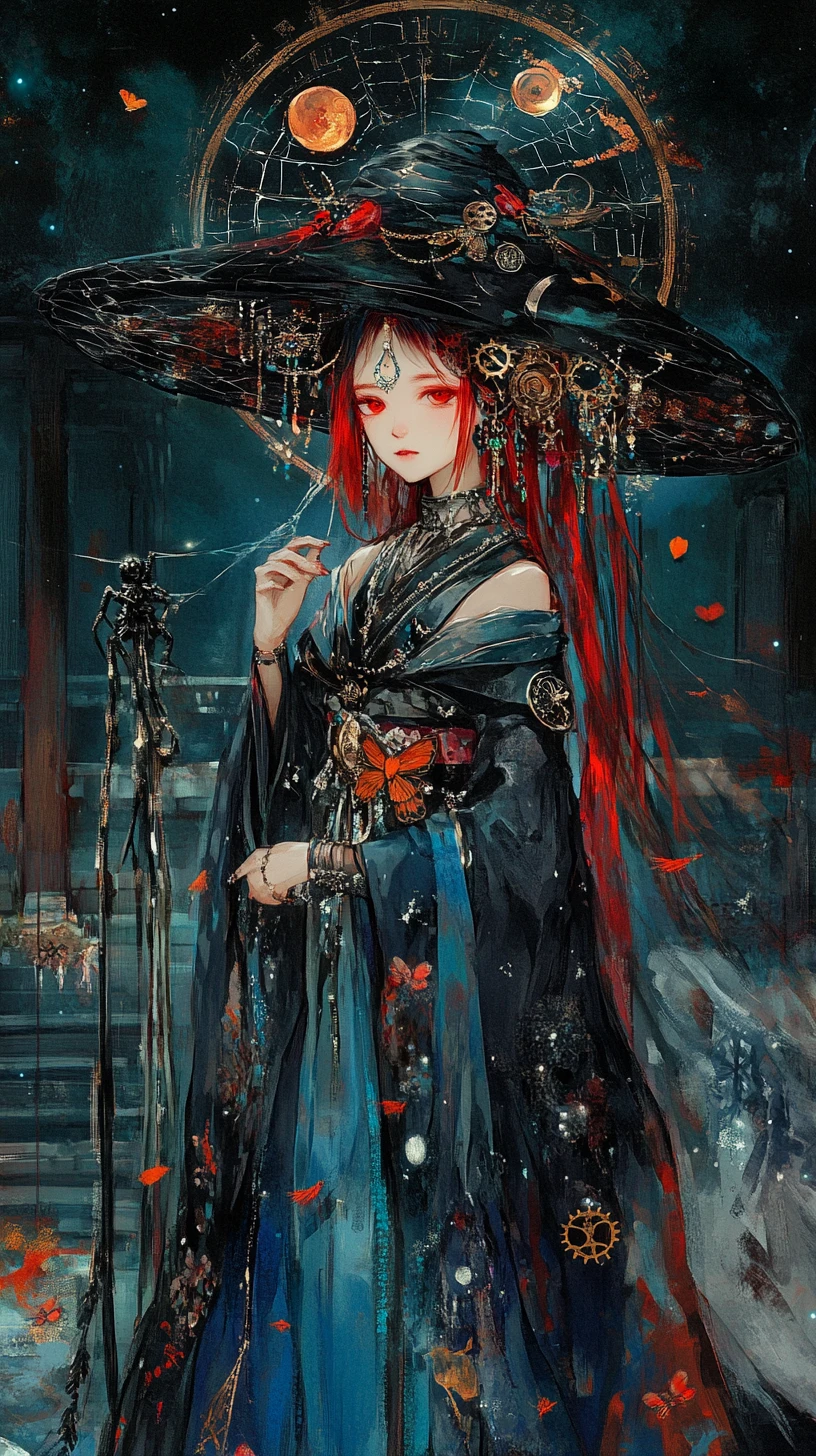Chica bruja de anime en un templo japonés con fuegos artificiales