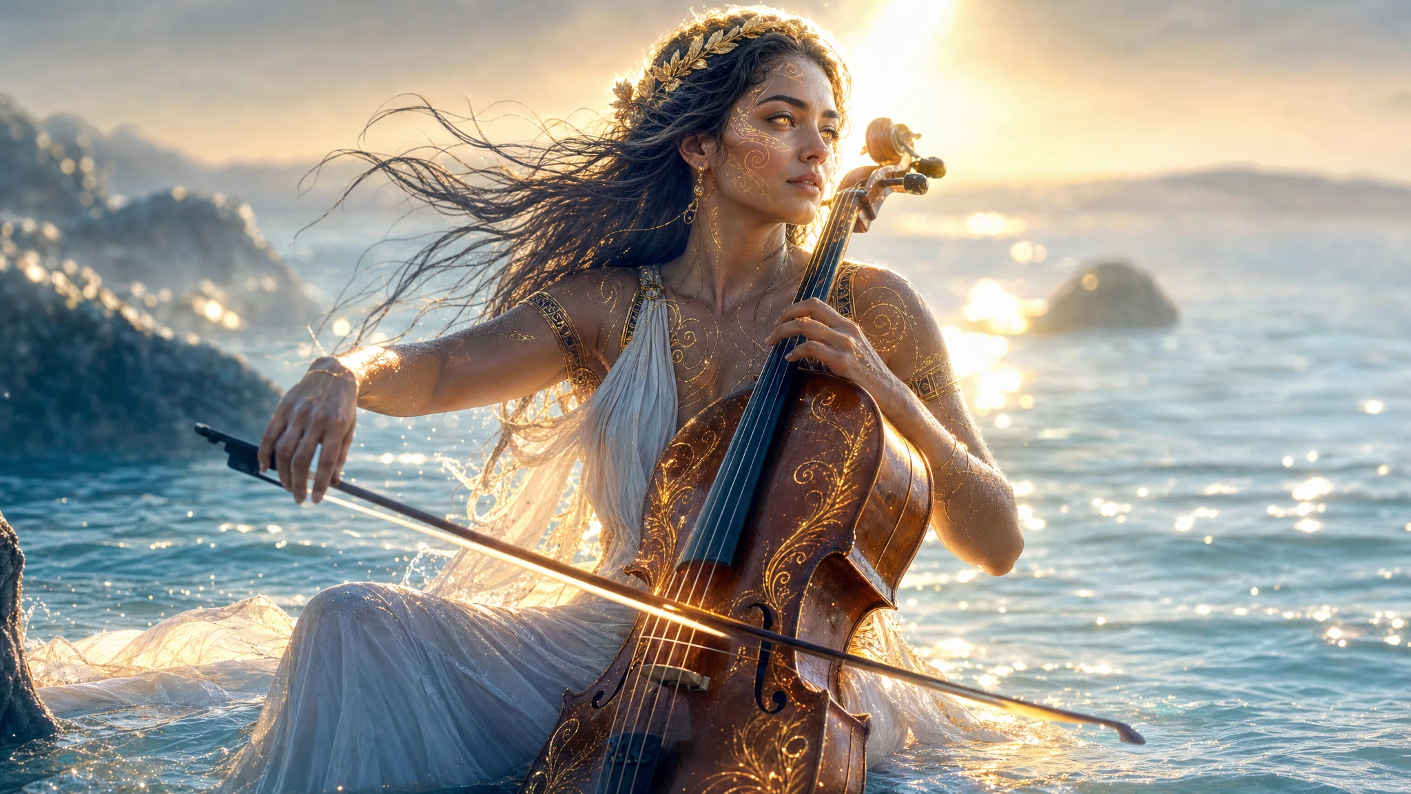 Femme sereine jouant du violoncelle au bord de la mer