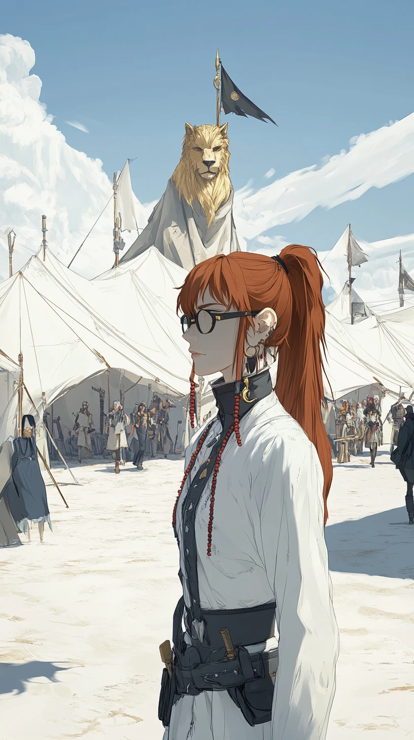 Ragazza anime in un vasto campo tendato nel deserto bianco