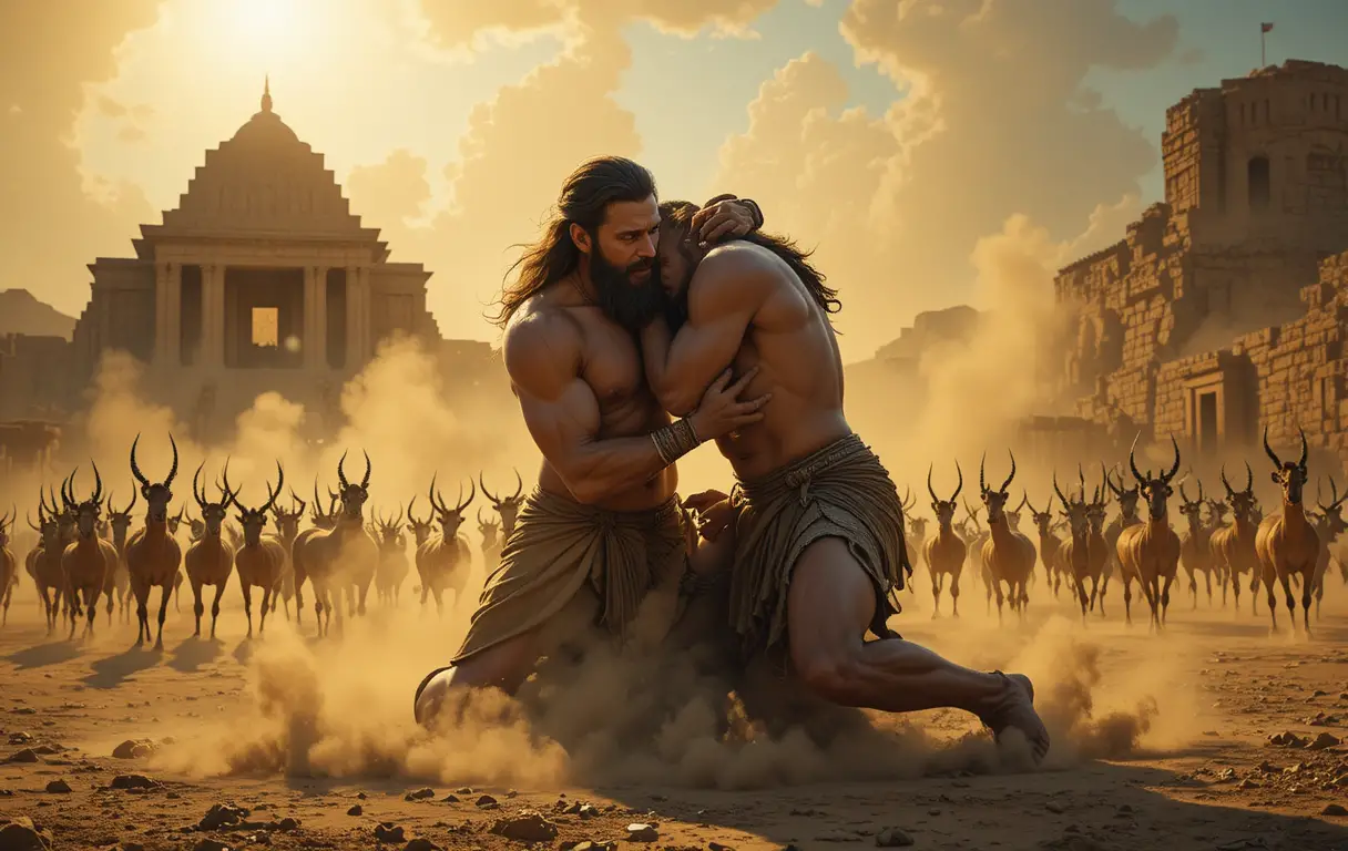 Mythic heroes wrestling before an ancient temple at dusk