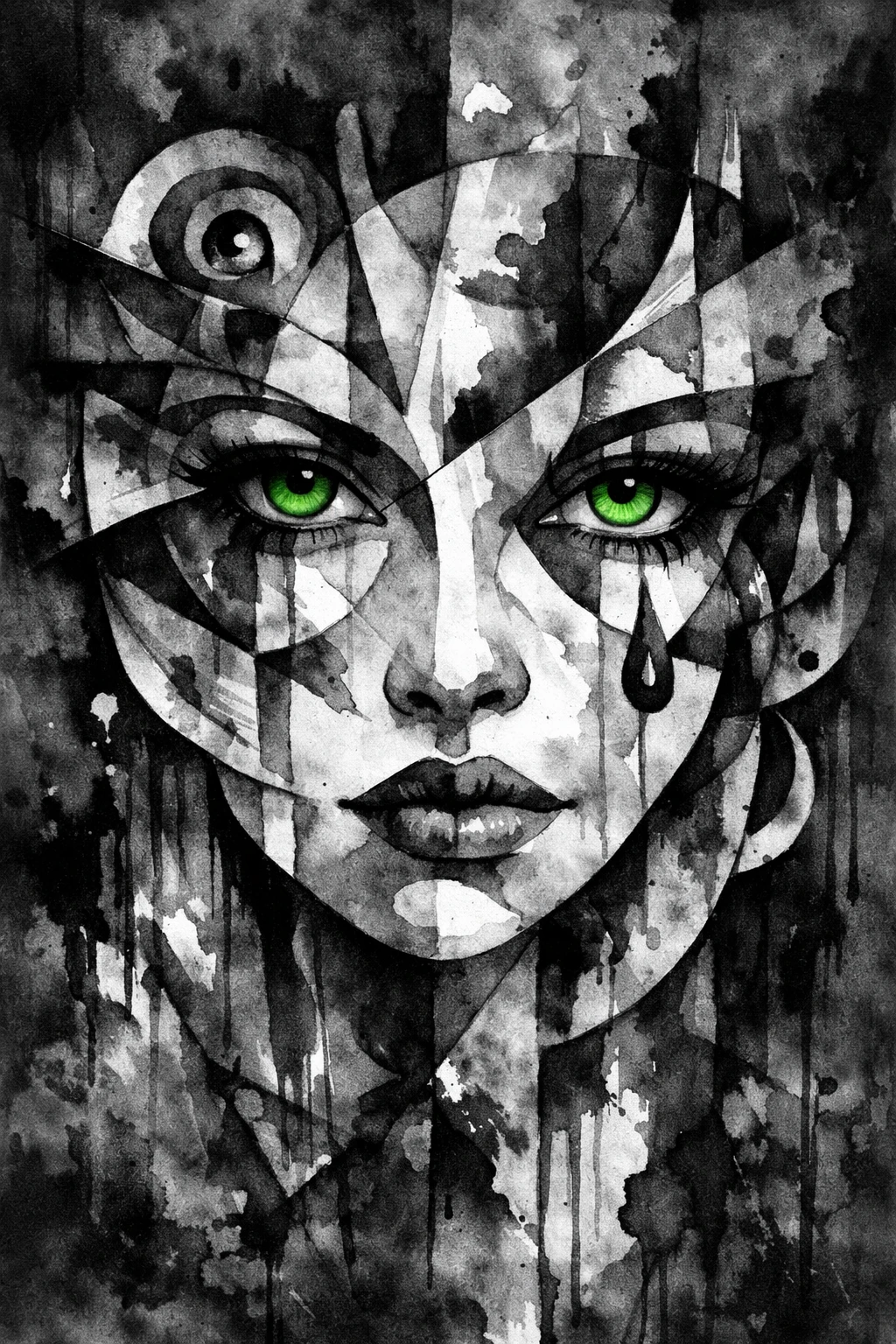 Abstract watercolor portrait of a surreal woman with green eyes