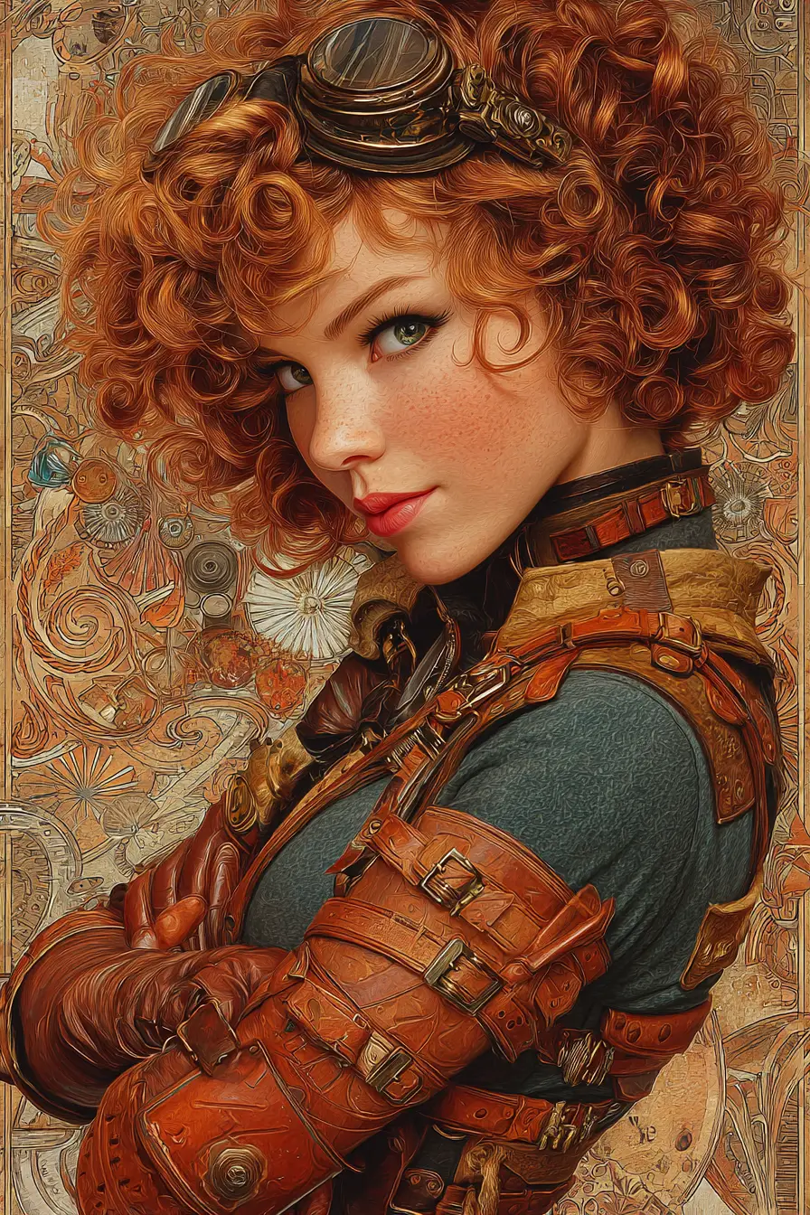 Steampunk-Fantasieporträt einer Frau mit kupfernen Locken und Schutzbrille