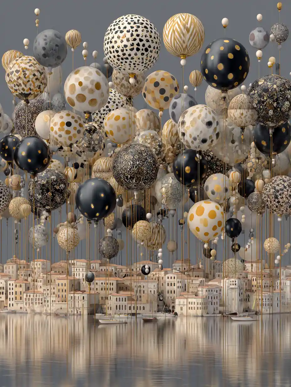 Surreal Fabric Balloons Floating Above A Quiet Town
