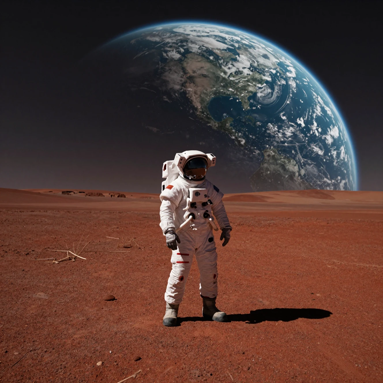 孤獨太空人站在火星上仰望遙遠地球
