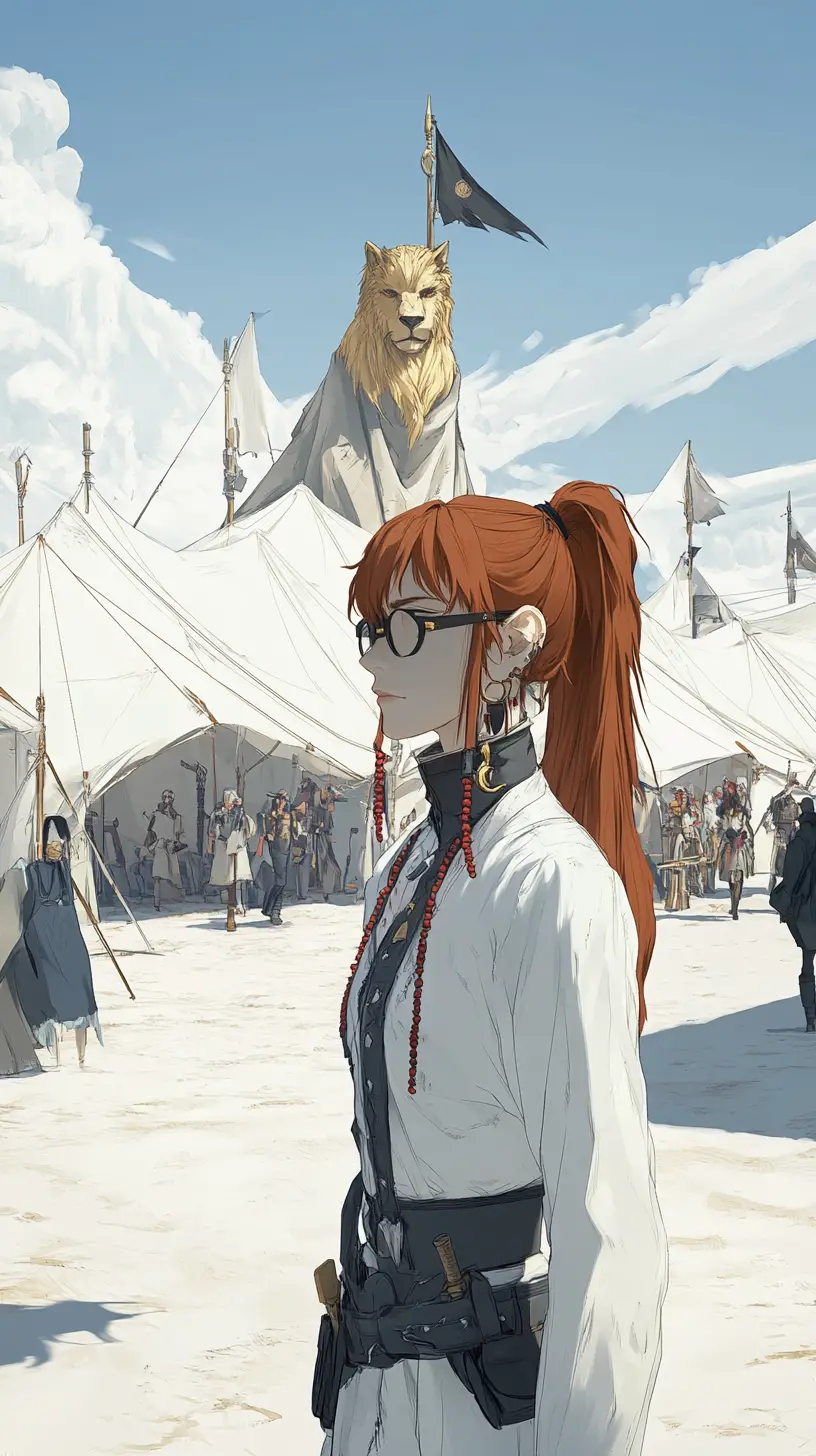 Ragazza anime in un vasto campo tendato nel deserto bianco
