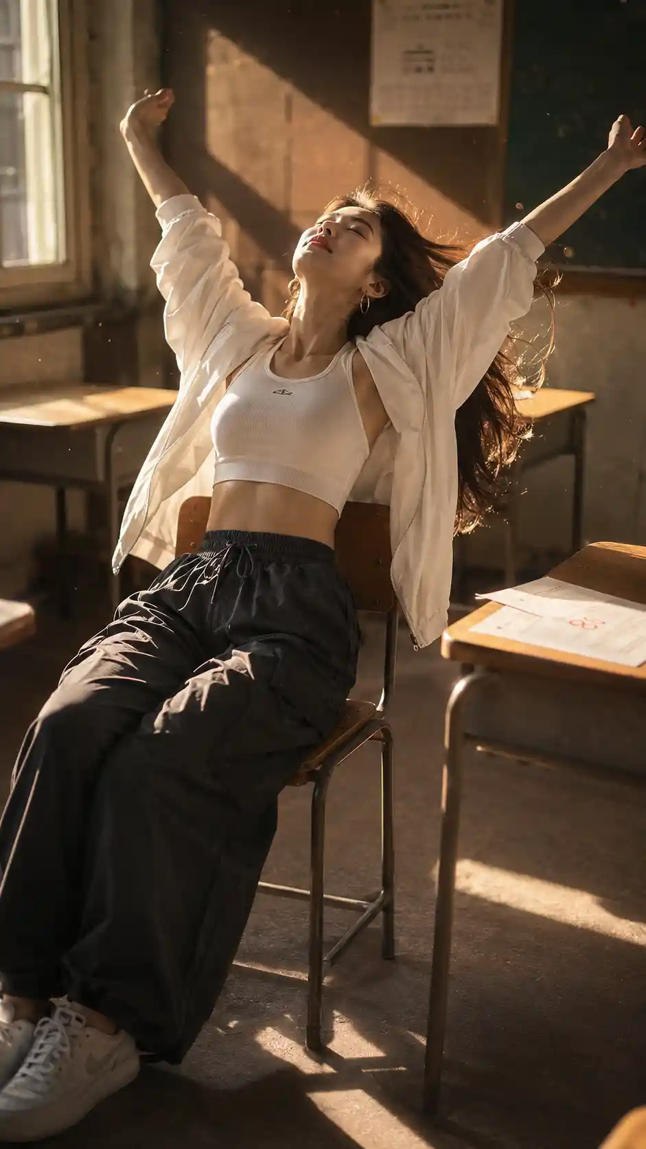 Donna che si allunga su una sedia scolastica alla luce del sole