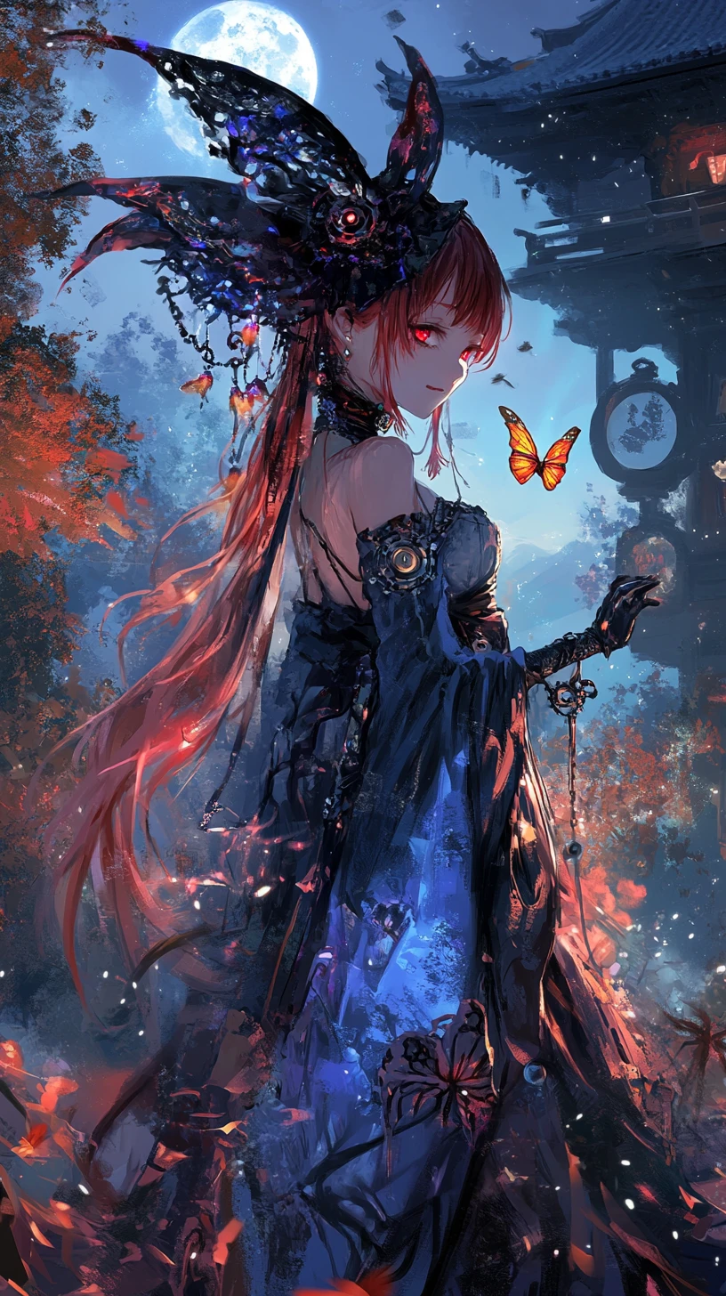 Chica bruja pelirroja de noche junto a un templo japonés