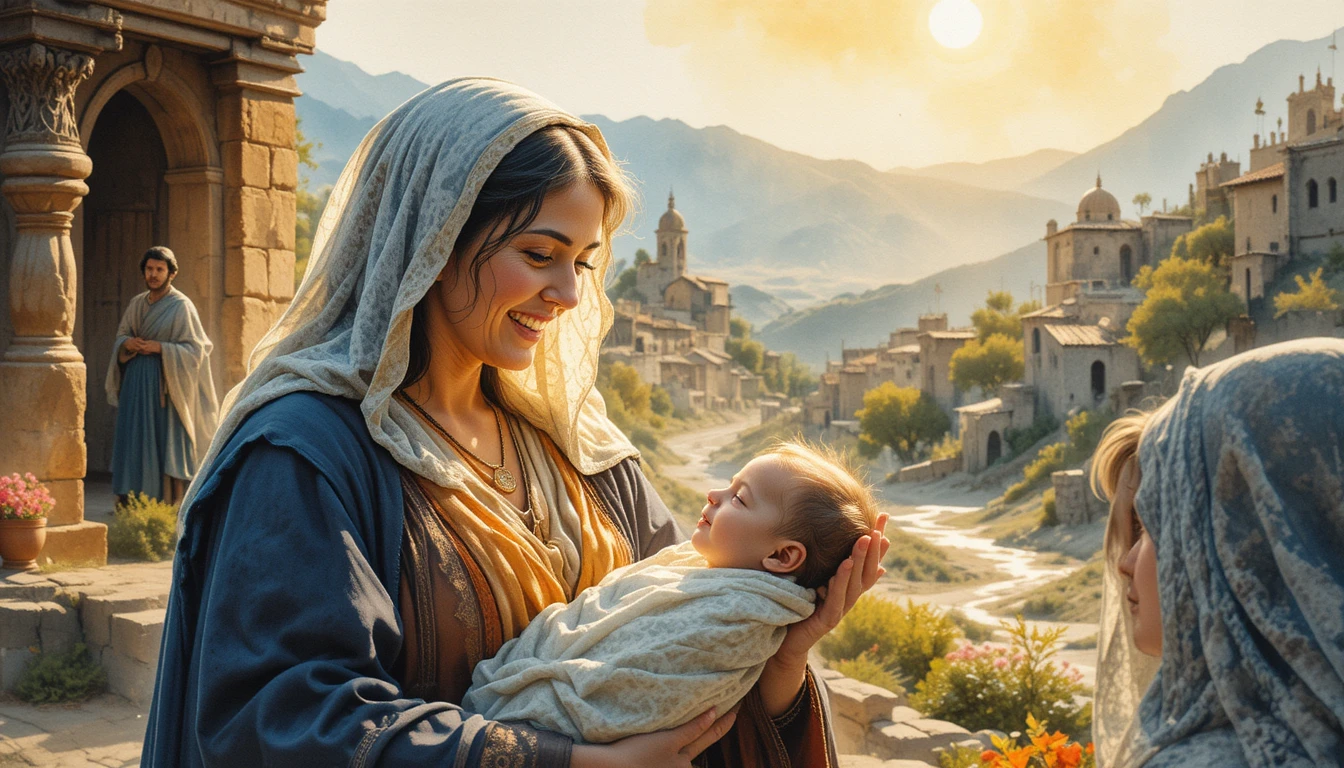 Mère âgée tenant un nouveau-né dans une chaude lumière biblique