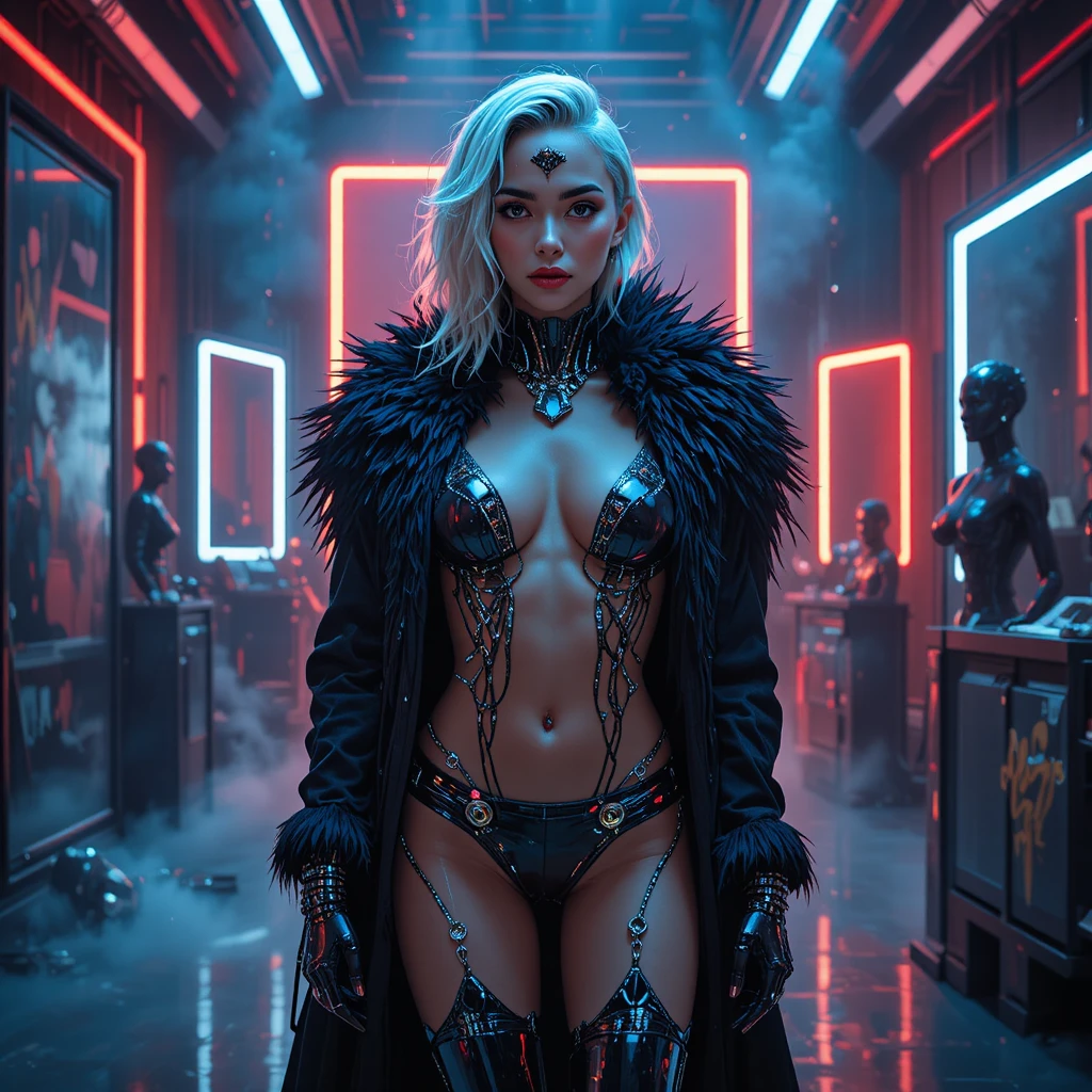 Mujer de moda cyberpunk en estudio fotográfico iluminado con neón