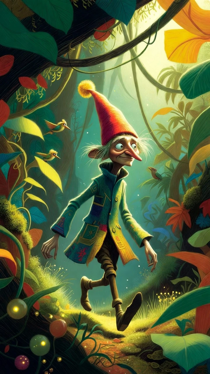 Gnome fantaisiste marchant à travers une forêt magique