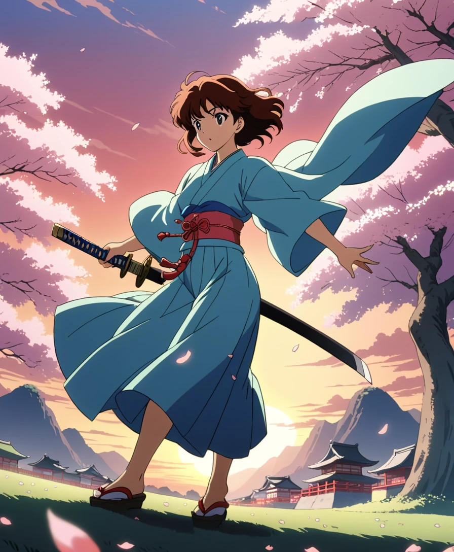 Espadachín de anime bajo cerezos en flor al atardecer dramático