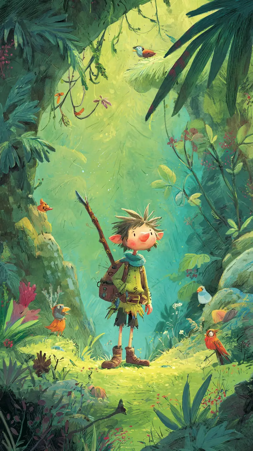 Brave gnome walking through a whimsical magical forest