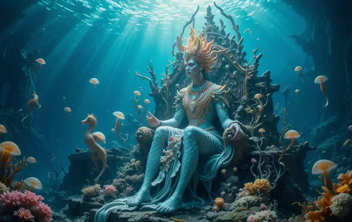 Majestic sea deity on a throne of sunken ships