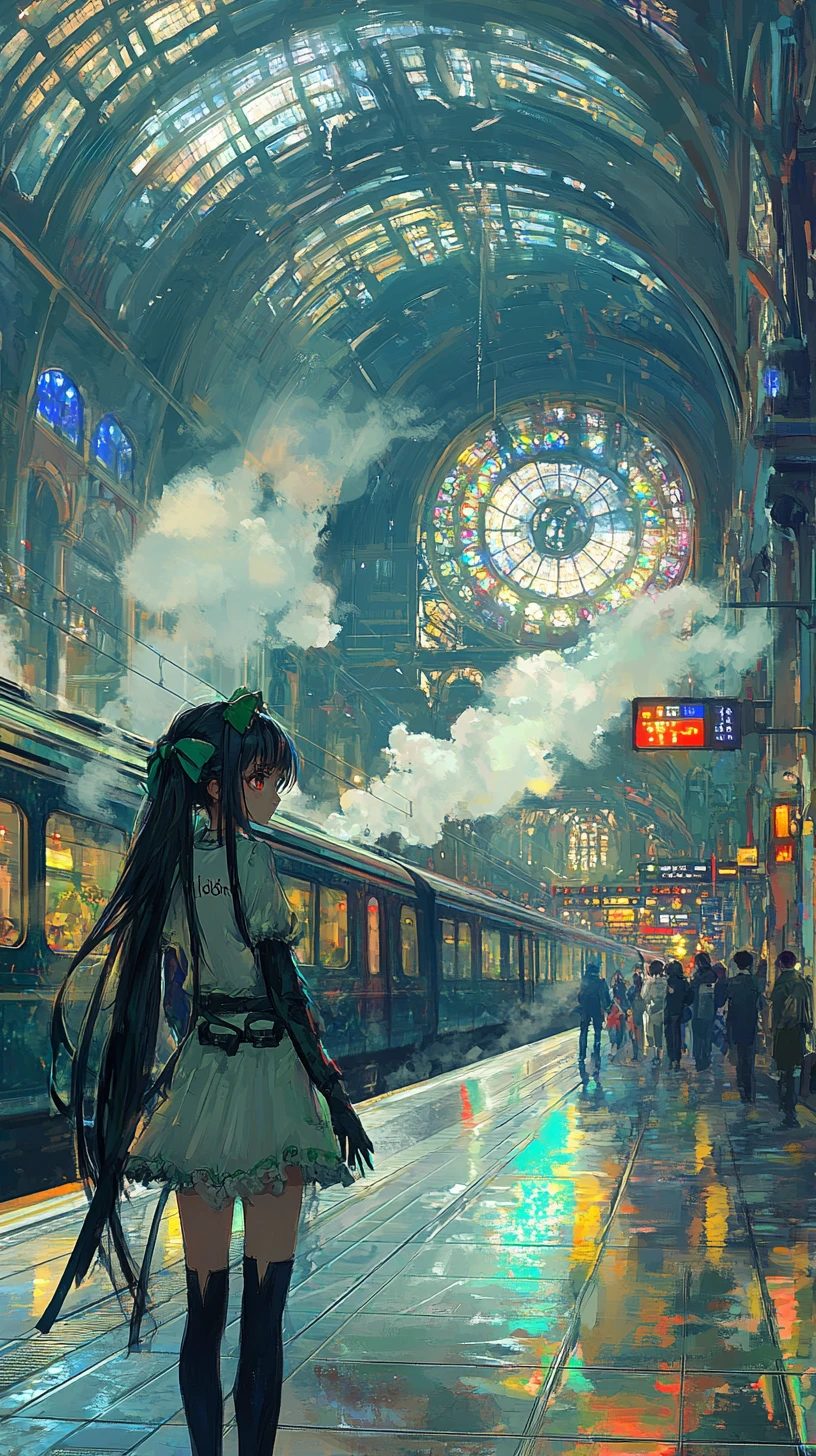 奇幻車站裡的彩繪玻璃動漫少女