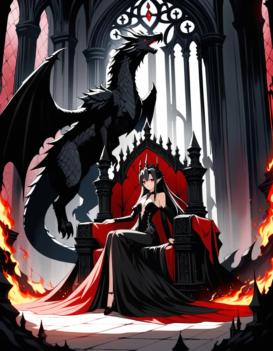 Reine d’anime sombre sur un trône de dragon dans un château gothique