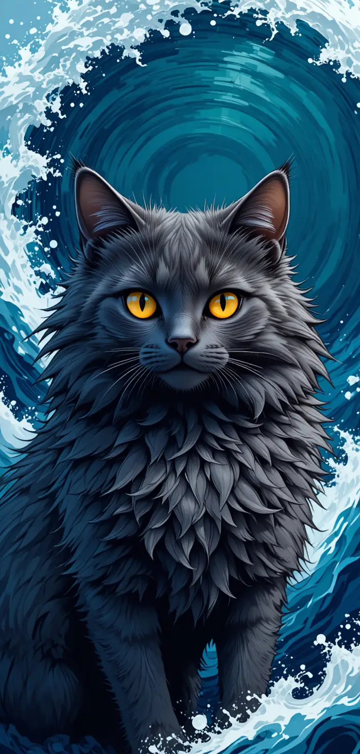 撞擊海浪前的黃色眼數位奇幻貓