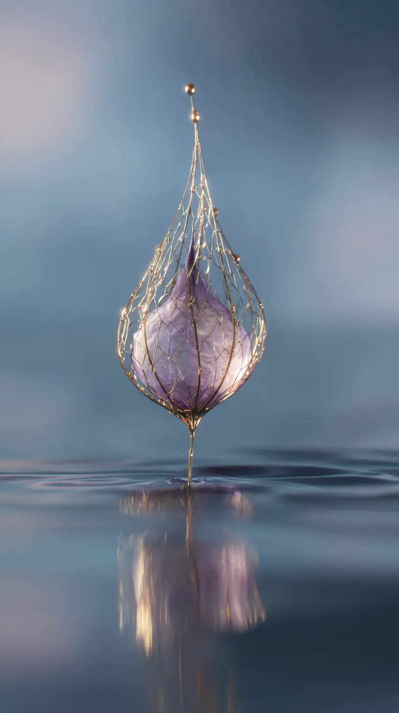 Majestueuse goutte gelée suspendue au-dessus d’une eau miroir