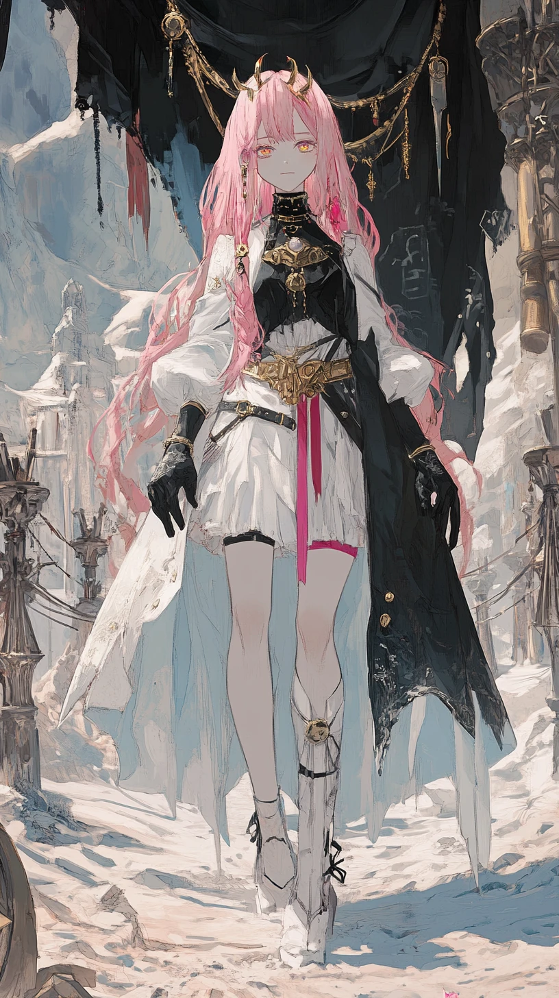 Ragazza anime in un campo nel deserto fantasy con statua antica