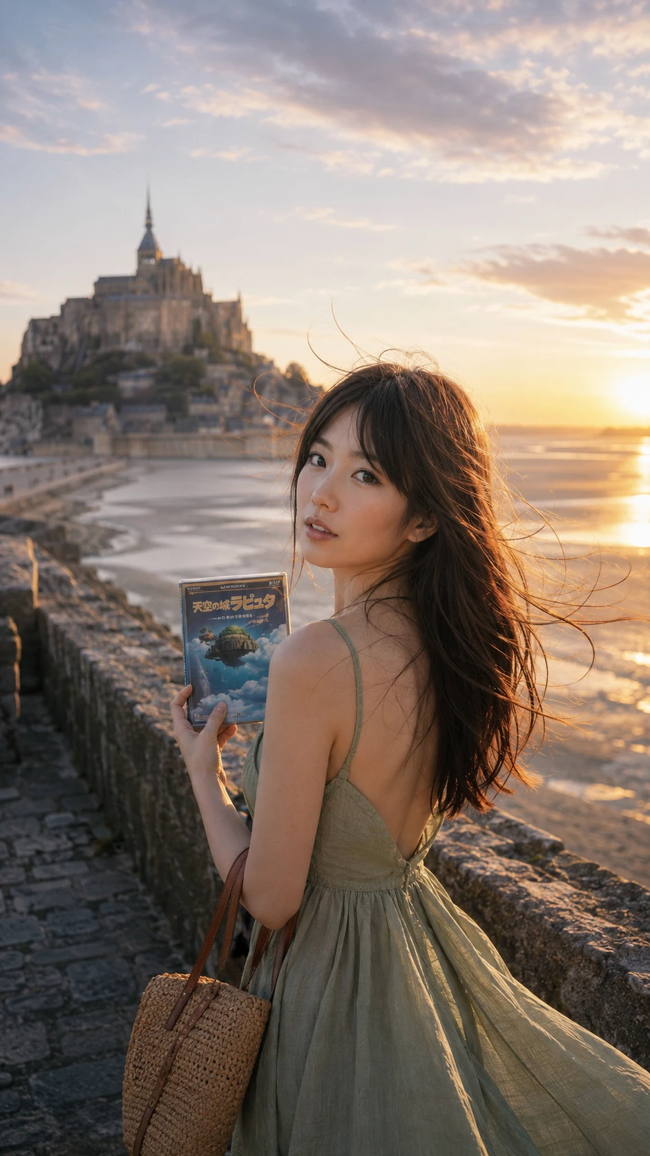 Jeune femme au Mont-Saint-Michel avec un DVD d’anime au coucher du soleil