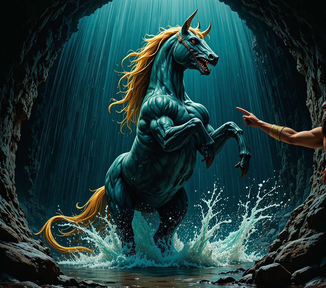 風暴洞窟中揚起前蹄的惡魔青綠戰馬