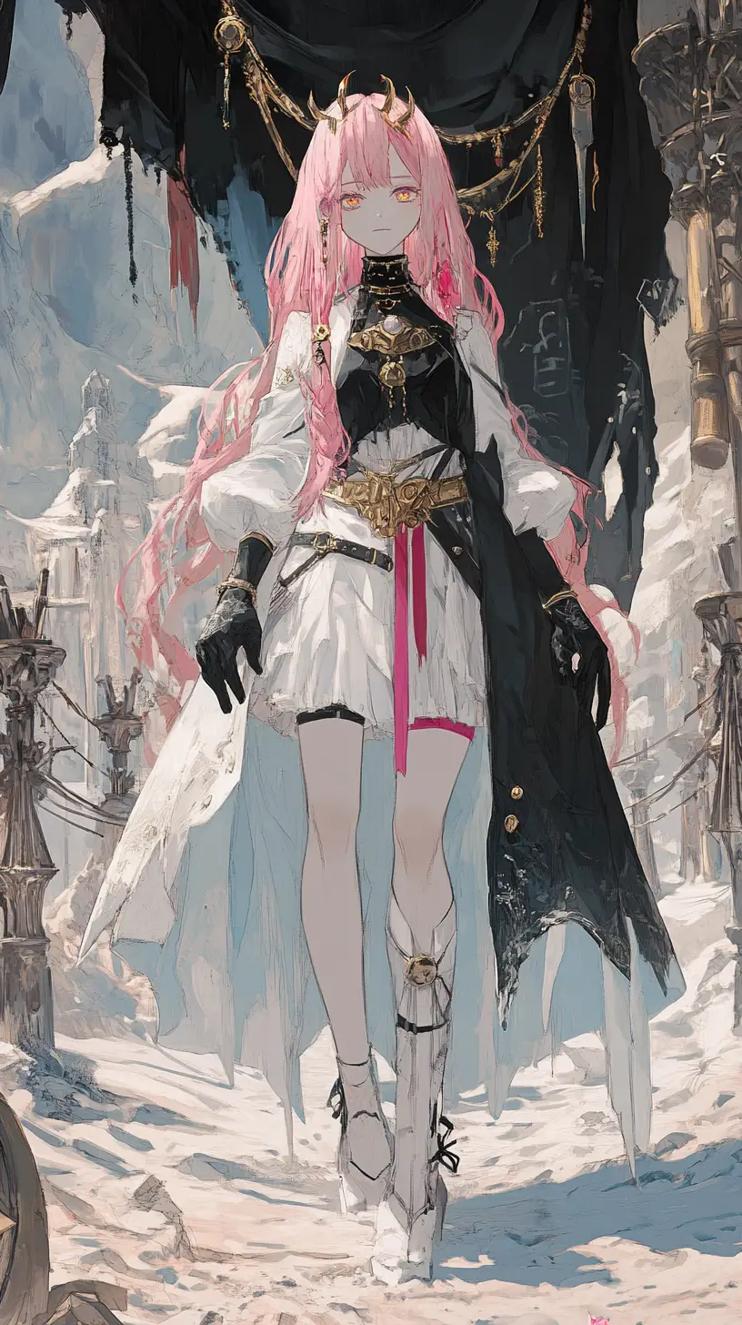 Ragazza anime in un campo nel deserto fantasy con statua antica