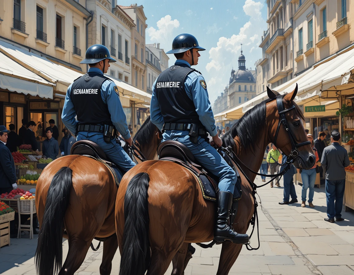 Berittene Gendarmeriebeamte patrouillieren über einen belebten Straßenmarkt