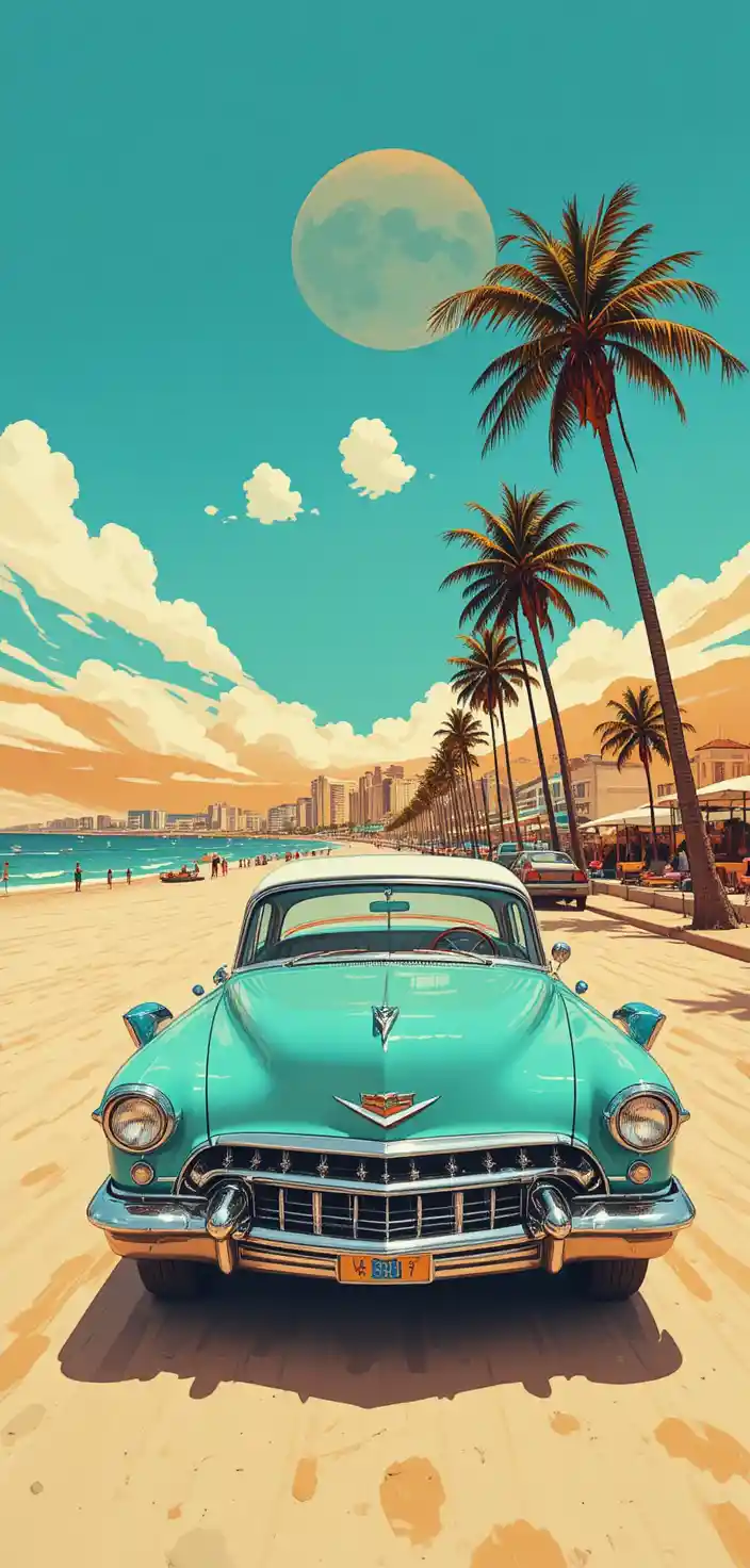 Vintage turquoise car on a sunny palm lined beachfront