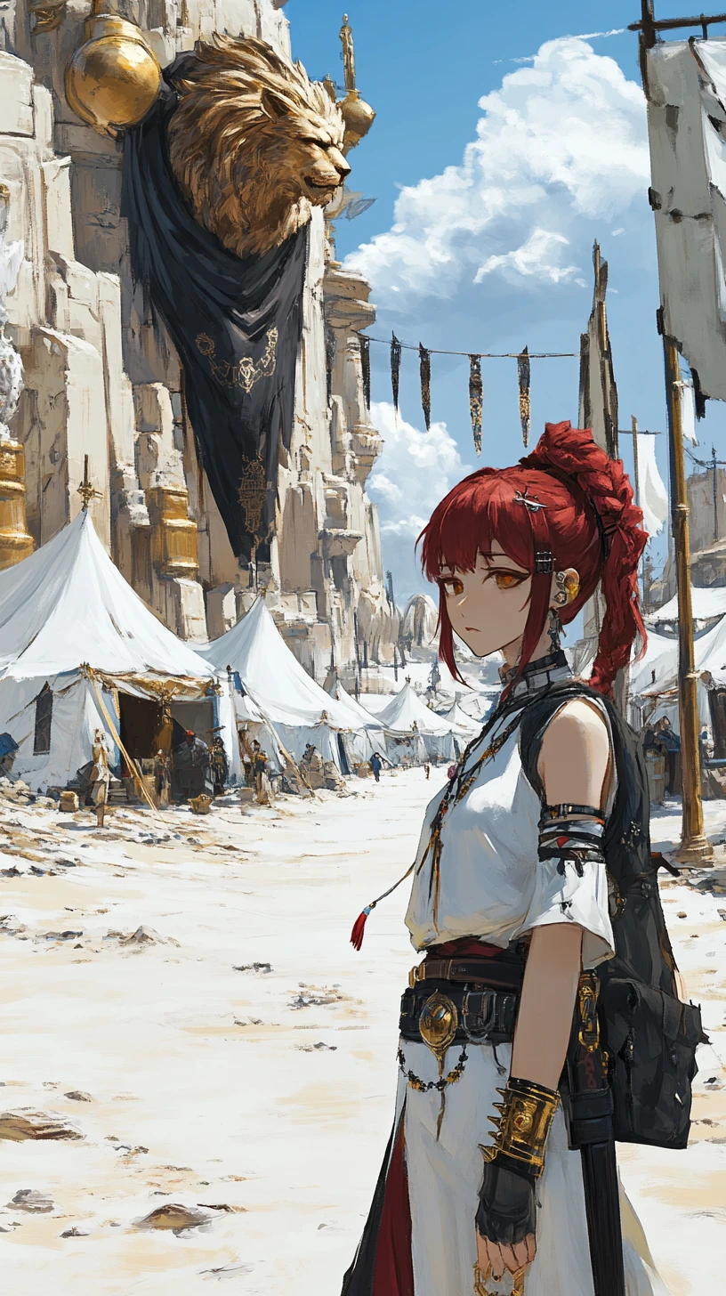 沙漠帳篷營地中的古老雕像與動畫少女