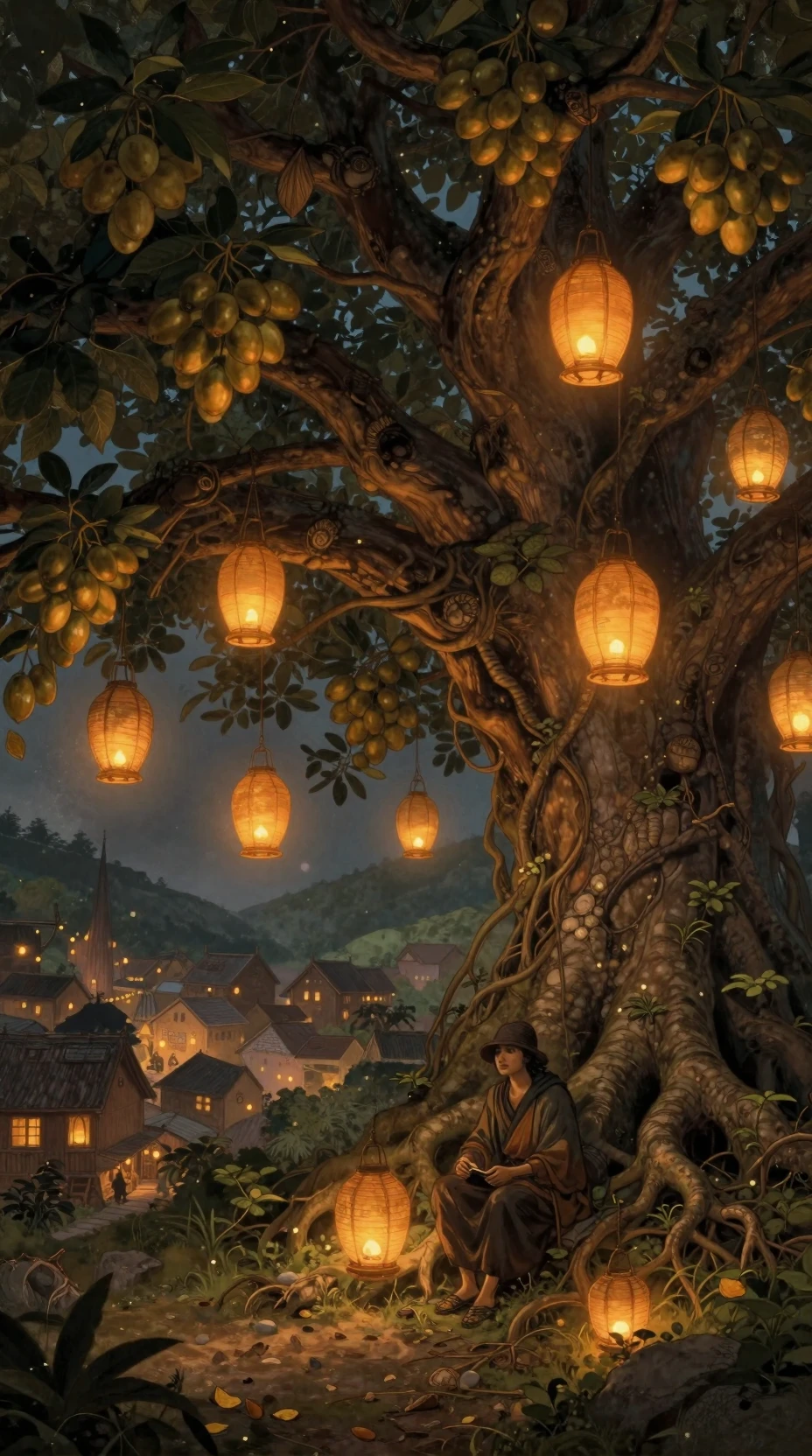 Cantastorie sotto un albero di frutti-lanterna luminosi